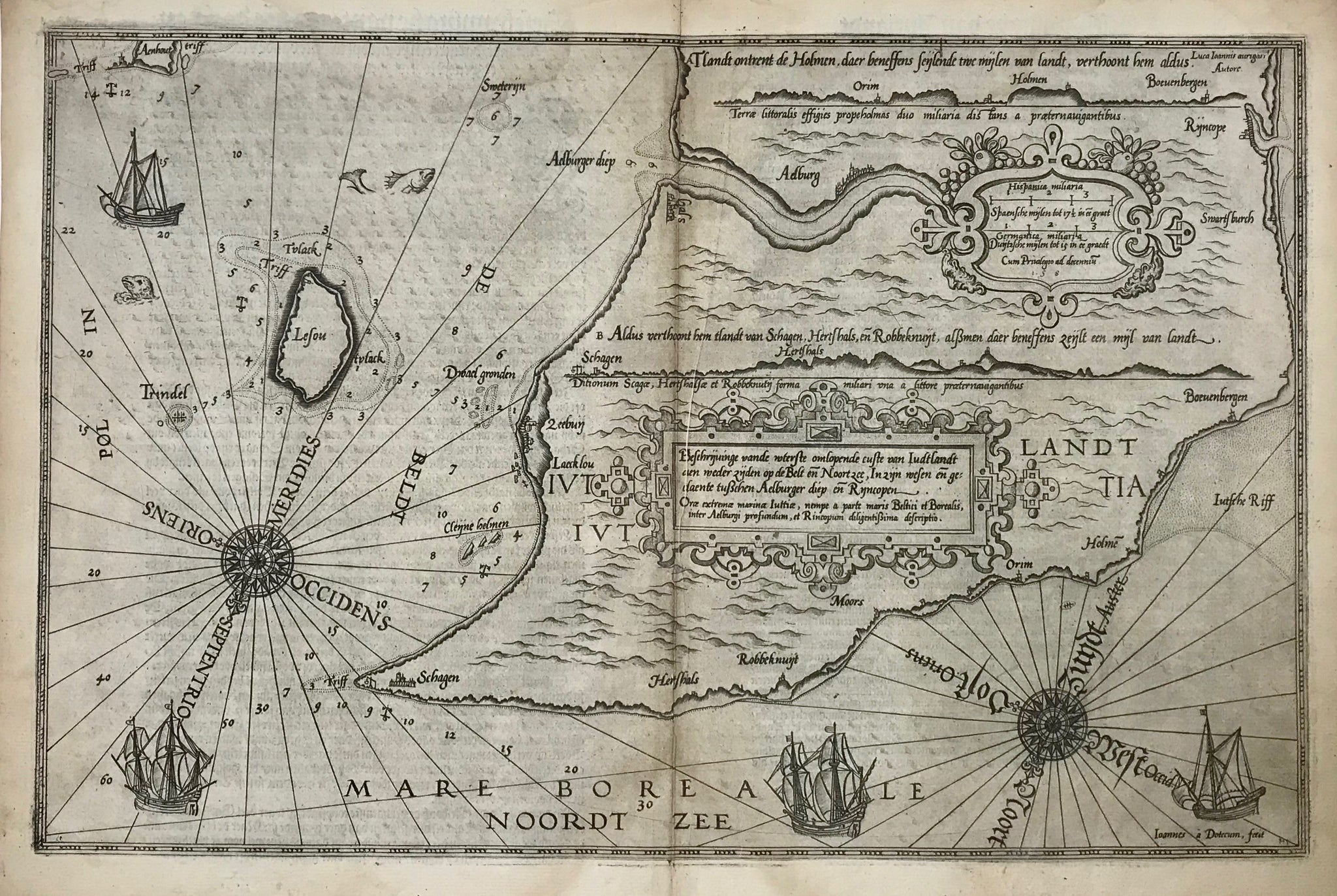 Cartographer: Lucas Janzoon Waghenaer (1533/34?-1605/6?) - His exact birth and death dates are unknown.  Map title:"Beschrijvinge vande wterste omlopende custe van Judtlandt aen weder zijden op de Belt en Noort zee"