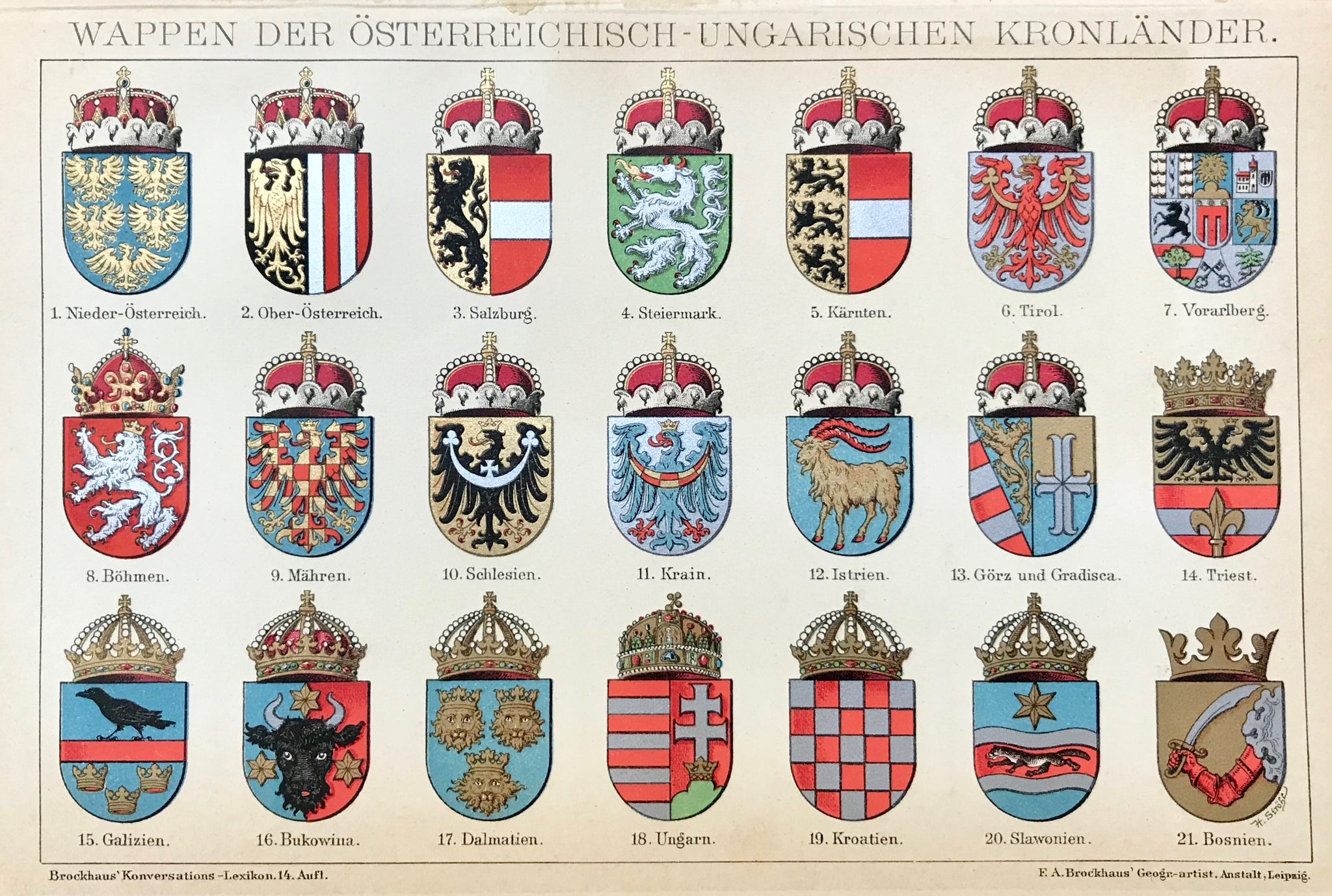 Heraldry: "Wappen Der Oesterreichisch - Ungarischen Kronlaender"  Coats - of - Arms of The Austrian Hungarian Empire. Published 1895.  Light age toning. Extra page of text about the Austrian-Hungarian Monarchy.