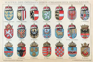 Heraldry: "Wappen Der Oesterreichisch - Ungarischen Kronlaender"  Coats - of - Arms of The Austrian Hungarian Empire. Published 1895.  Light age toning. Extra page of text about the Austrian-Hungarian Monarchy.