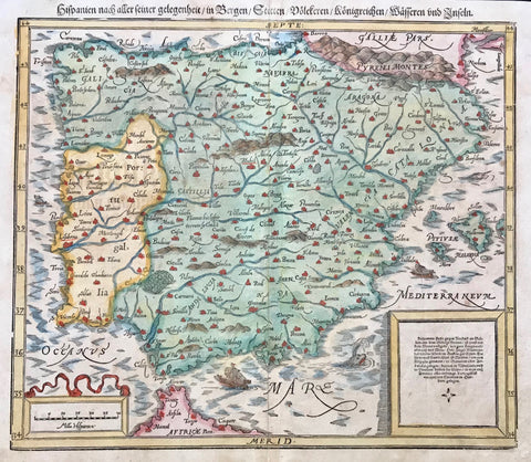 "Hispanien nach aller seiner gelegenheit in Bergen/Stetten/Voelkern/Koenigreichen/Waessern und Inseln". Copper etching by ca 1550. Modern hand coloring.  Very early map of the Iberian Penninsula with the Baleares to the east . In the Medeterranean are two historic sailing vessels and a spouting sea monster. On one half of the backside is a decorative title and cartouche.