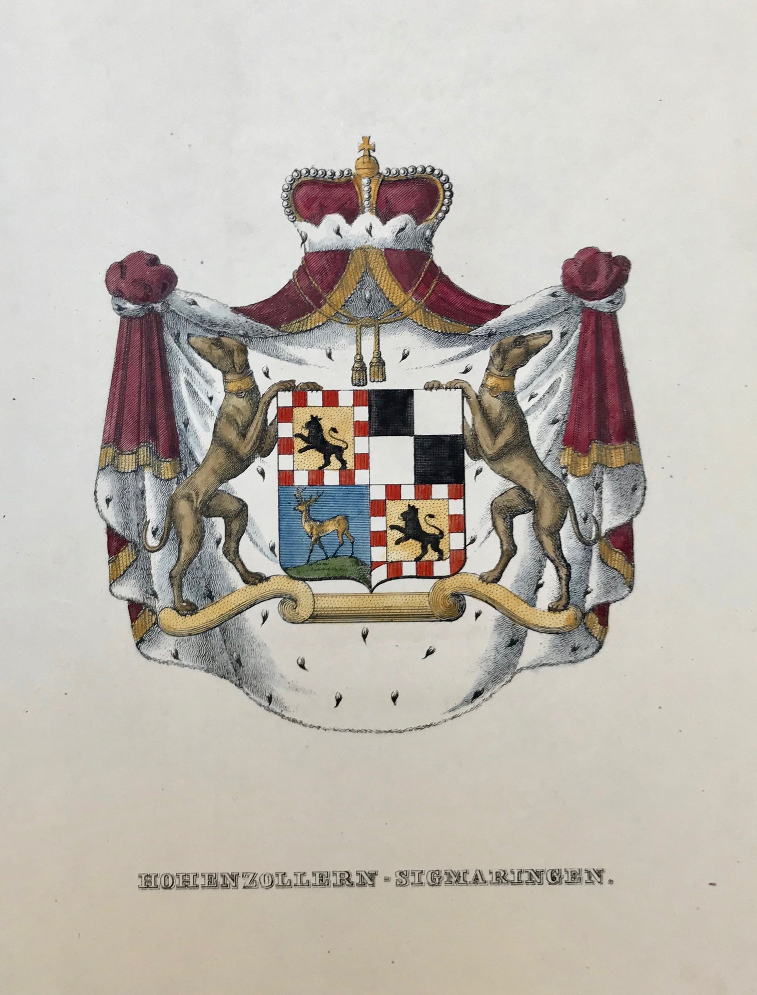 Heraldry: "Hohenzollern-Sigmaringen"  "Grossbritannien" (Great Britain)  Lithograph in original hand coloring, ca 1850.