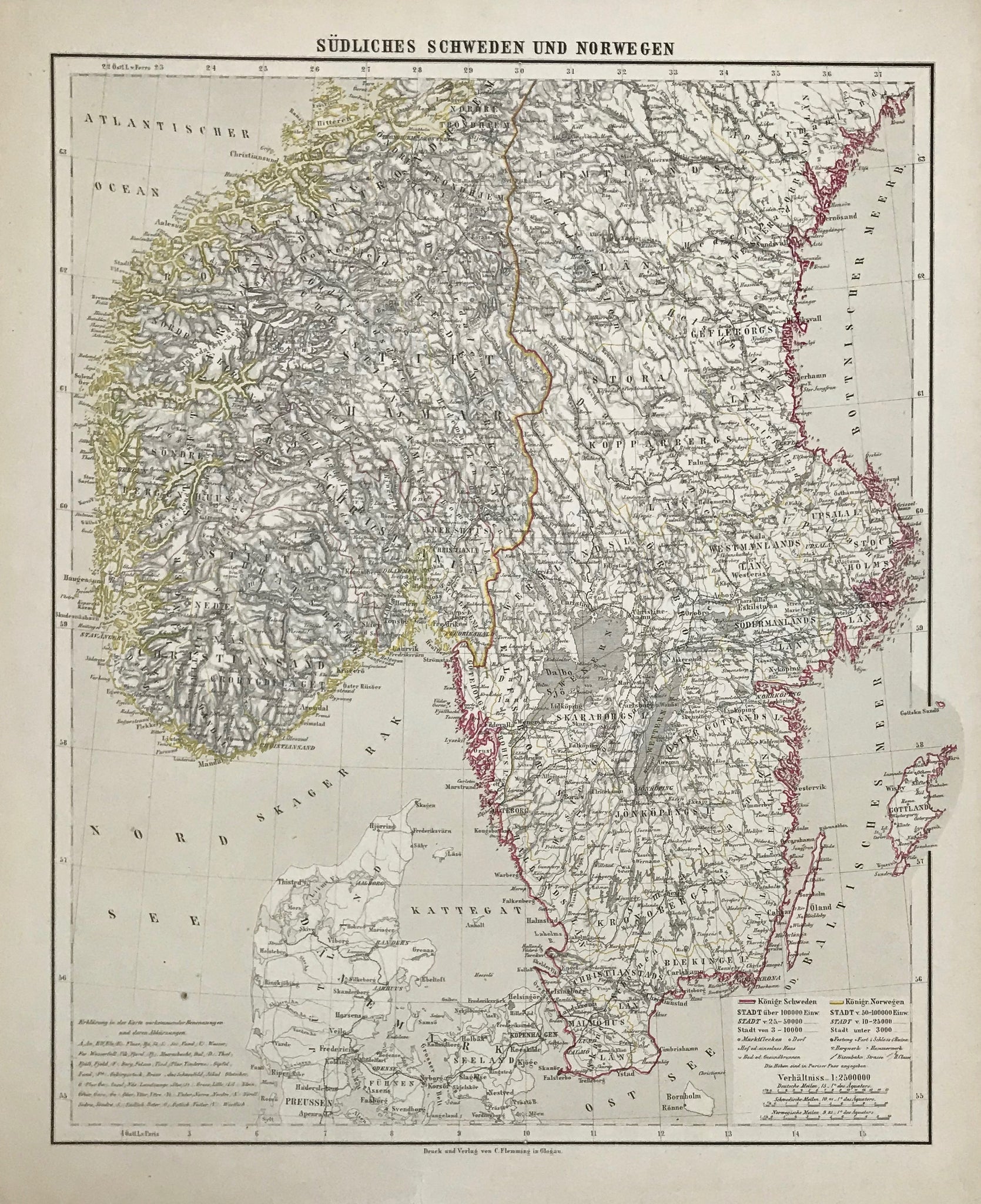 "Suedliches Schweden und Norwegen"  Steel engraving with original hand outline coloring. Published by Carl Flemming in Glogau 1845.