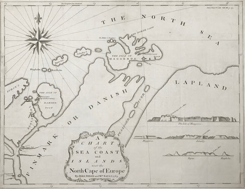 "A Chart of the Sea Coast and Islands near the North Cape of Europe"  Rare copper engraving by Jere Dixon and Wm. Bayly dated 1769.  Map shows the North Cape area of Norway. In the lower left are topographical diagrams of the islands Maggeroe, Jelmsby, Ingan and Shipholm.  Map was published in a book and has fold to fit original book size.