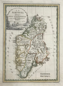 "La NorVegia Divisia Nelle Sue Provincie"  Copper etching by Gio. M. Cassini, dated 1796. Hand coloring.  Decorative and historical map of Norway. Notice the title cartouche portraying Norwegian fishing.