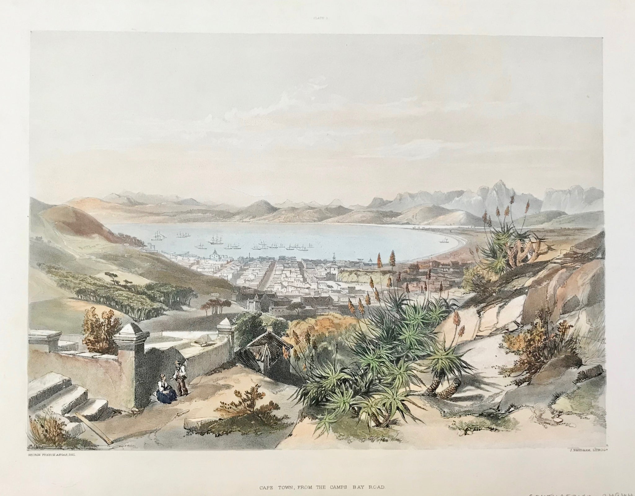 "Cape Town, from the Camps Bay Road"  Hand-colored lithograph by Jonathan Needham (active second half of 19th century).  After the drawing by George French Angas (1822-1886)  Published in:  "The Kafirs Illustrated in a Series of Drawings - The Amazulu, The Amaponda, ad Amakosa Trbes also Portraits of the Hottentot, Malay, Fingo, and other Races Inhabiting Southern Africa"  By George French Angas. London, 1849