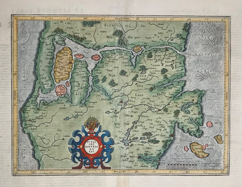 "Ivtia Septrtentrionalis" Copper engraving by Gerard Mercator ca. 1600. Contemporary hand coloring.  Map shows northern Denmark with the Lim Fjord in the upper area of the map. The map reaches as far south as the Hosens Fjord. Backside has text in French about the history and geography of Demark of the time.