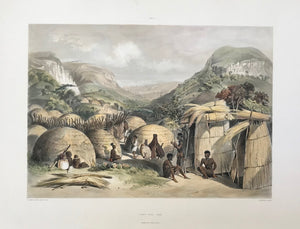 Plate XXI -  "Scene in a Zulu Kraal, with huts and screens"  Toned lithograph and hand-colored, heightened with gum arabic  After the drawing by George French Angas (1822-1886)  Lithographer: not named  "The Kafirs Illustrated in a Series of Drawings - The Amazulu, The Amaponda, ad Amakosa Trbes also Portraits of the Hottentot, Malay, Fingo, and other Races Inhabiting Southern Africa" 