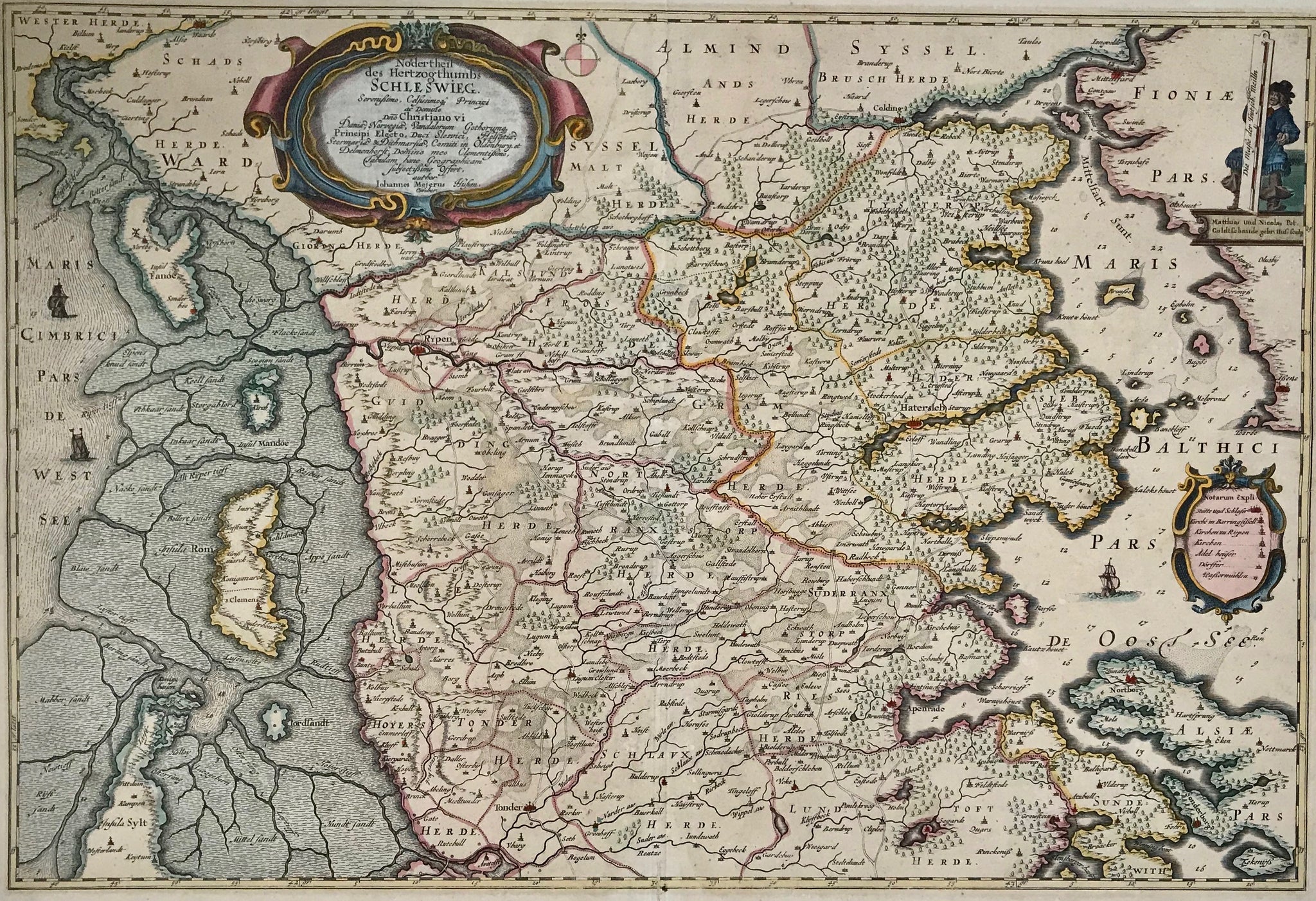 "Nordertheil des Herzogthumbs Schleswig". Copper etching Johannes Mejerus (1606-1674). Published ca 1650. Later hand coloring.  This map shows the northern region of SchleswigIn the lower right is Als and in the lower left is Sylt. In the upper right is Middlefart. In the upper left is Vaarde.
