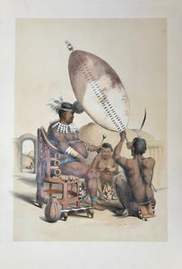    Plate XX -  "Soldiers of King Panda's Army"  Toned lithograph and hand-colored, heightened with gum arabic  After the drawing by George French Angas (1822-1886)  Lithographer: not named  "The Kafirs Illustrated in a Series of Drawings - The Amazulu, The Amaponda, ad Amakosa Trbes also Portraits of the Hottentot, Malay, Fingo, and other Races Inhabiting Southern Africa"  