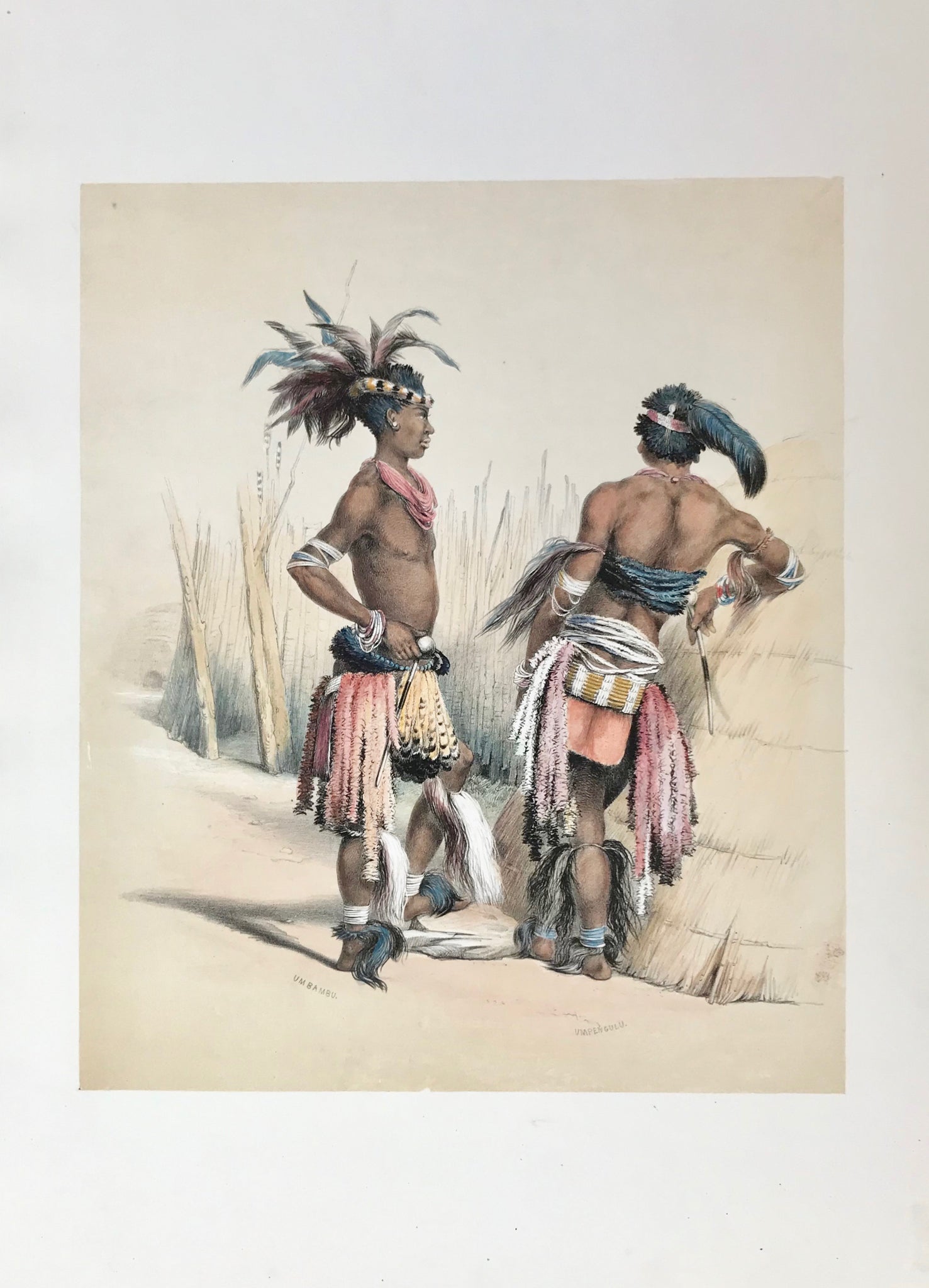 "Umbambu and Umpengulu, young Zulus in their dancing costume"  Toned lithograph and hand-colored, heightened with gum arabic  After the drawing by George French Angas (1822-1886)  Clean with some spotting and minimal traces of age and use in margins.  "The Kafirs Illustrated in a Series of Drawings - The Amazulu, The Amaponda, ad Amakosa Trbes also Portraits of the Hottentot, Malay, Fingo, and other Races Inhabiting Southern Africa"
