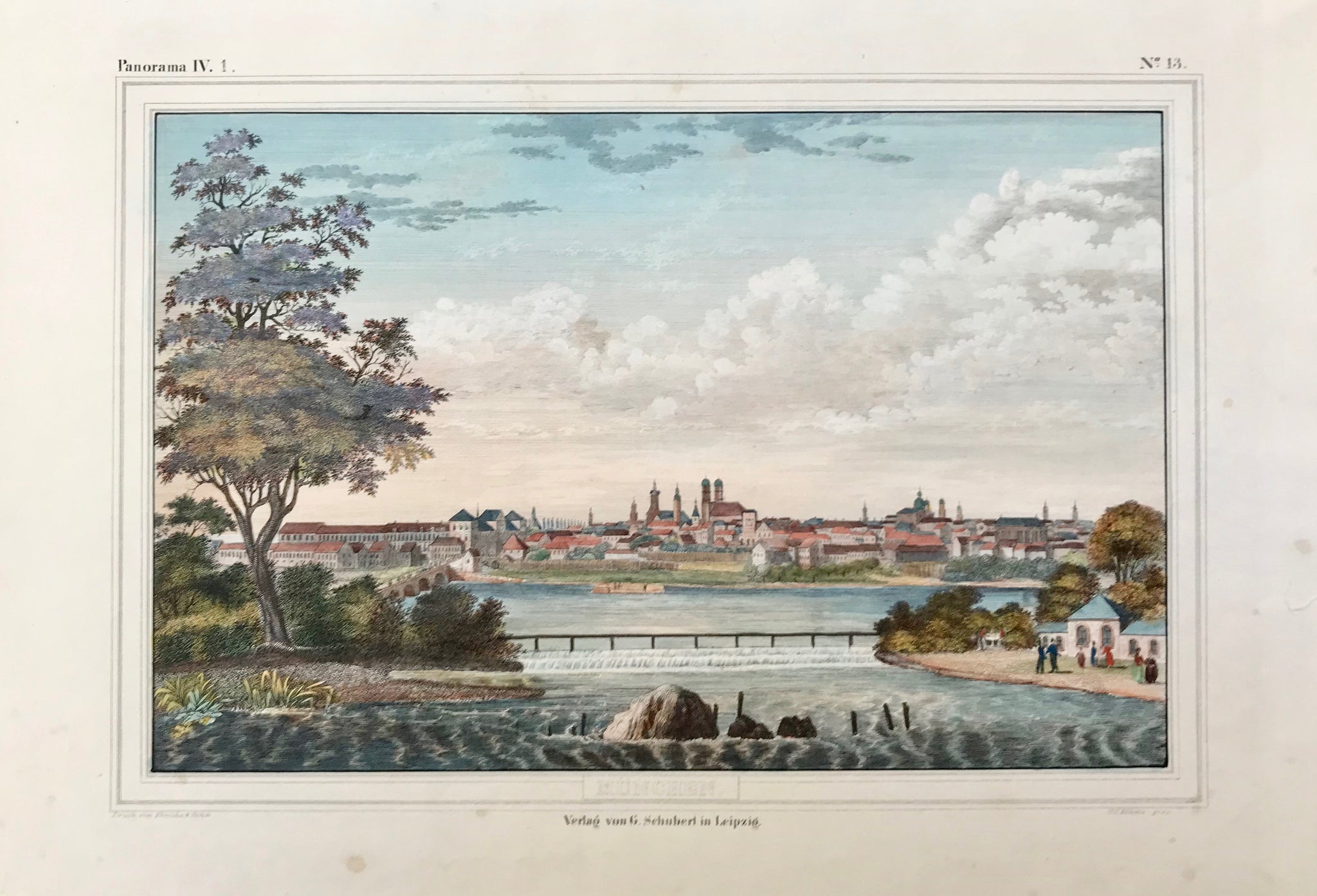    "Muenchen" Munich. General panoramic view across the Isar River. In the foreground: Wehrsteig leading to Praterinsel.  Copper etching by C. C. Böhme in very fine hand-coloring, heightened with eggwhite.  Printed by Poenicke & son. Published by G. Schubert in Leipzig RARE!