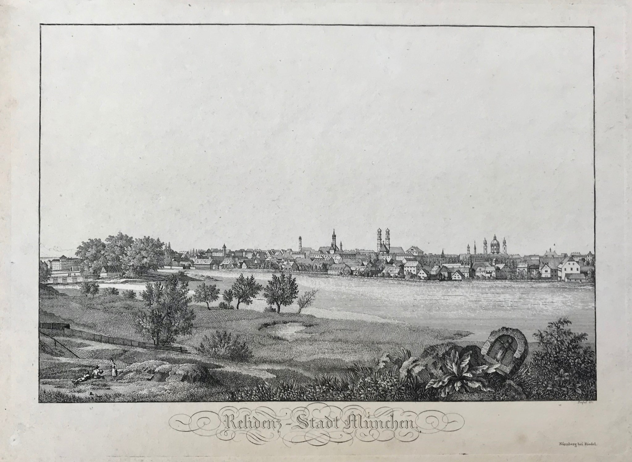 "Residenz-Stadt Muenchen" Royal Residence City Munich.  Panoramic view of the Bavarian capital across the Isar (from the east). Left hand is Prater Island.  Copperplate etching by J. L. Deisel  Published by Riedel. Nuremberg, ca. 1820. Very RARE!