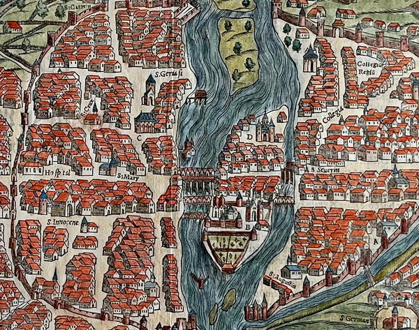 Paris. - "Die statt Parys etlicher mass figuriert und contrafetet nach ietziger gelegenheit"  Hand-colored woodcut  Reverse side has again title and, on the opposite side, descriptions of Narbonne, Amiens and Orleans.  Published in "Cosmographia"  By Sebastian Muenster (1488-1552)  Original antique print   Condition is very good. Small repairs on lower margin edge. Only minimal traces of age and use. Vertical centerfold.  Basel, 1553 (German edition)