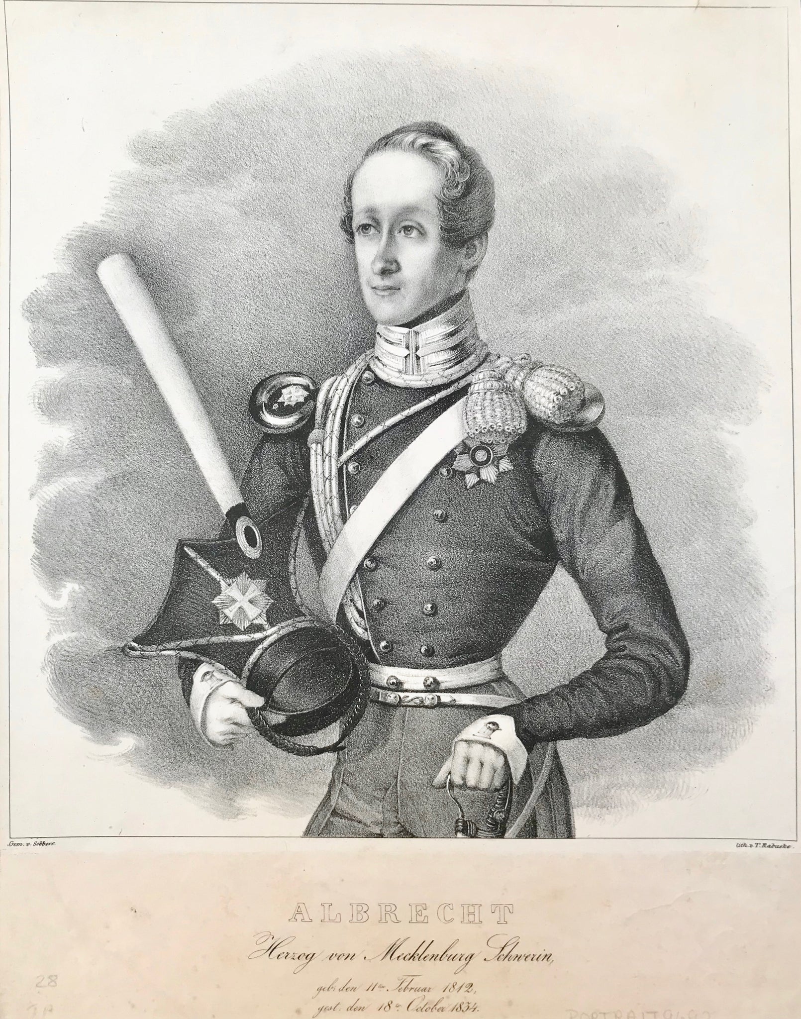 "Albrecht Herzog von Mecklenburg Schwerin" (1812 -1834).  Posthumous lithograph by T. Rabuske after painting by Ludwig Sebbers. Printed on China paper and rolled onto sturdier paper. Title on base paper. Ca. 1845.
