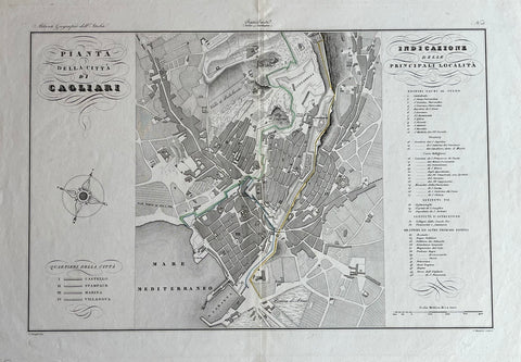 Cagliari. "Pianta della Citta di Cagliari". Plan of Cagliari, capital of the island of Sardinia.  Copper etching by V. Stanghi after the design by P. Manzoni aus "Atlante Geografico dell'Italia". 1842. Map 18 from this atlas. Clean. Wide matgins. Near excellent condition. Lower left corner bears dry stamp "ADI". Left of plan: Title, windrose, and list of the four city districts.