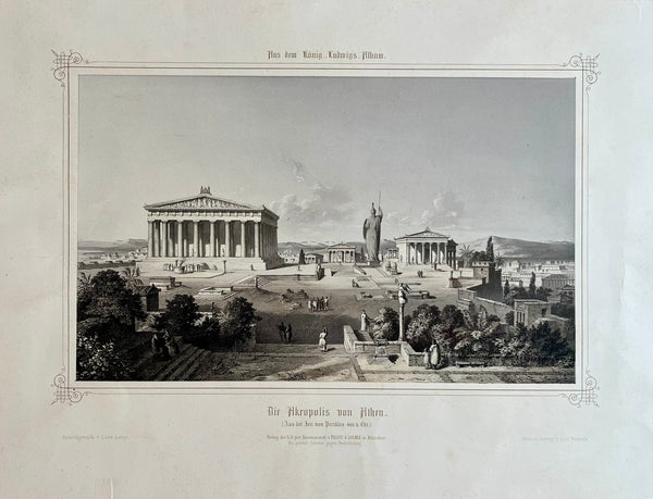 "Die Akropolis von Athen - Aus der Zeit von Perikles 444 v. Chr."  The Akropolis reconstructed as it was at the lifetime of Perikles  Lithograph by Carl Feederle.  After the water color (Aquarell) by Ludwig Lange (1808-1868)  München, 1850  On occasion of the unveiling of the statue of the "Bavaria" in Munich October 9, 1850  King Ludwig I. was presented with the Koenig Ludwig Album, a collection of artwork in lithographic rendering as an homage to the king by Bavarian artists.