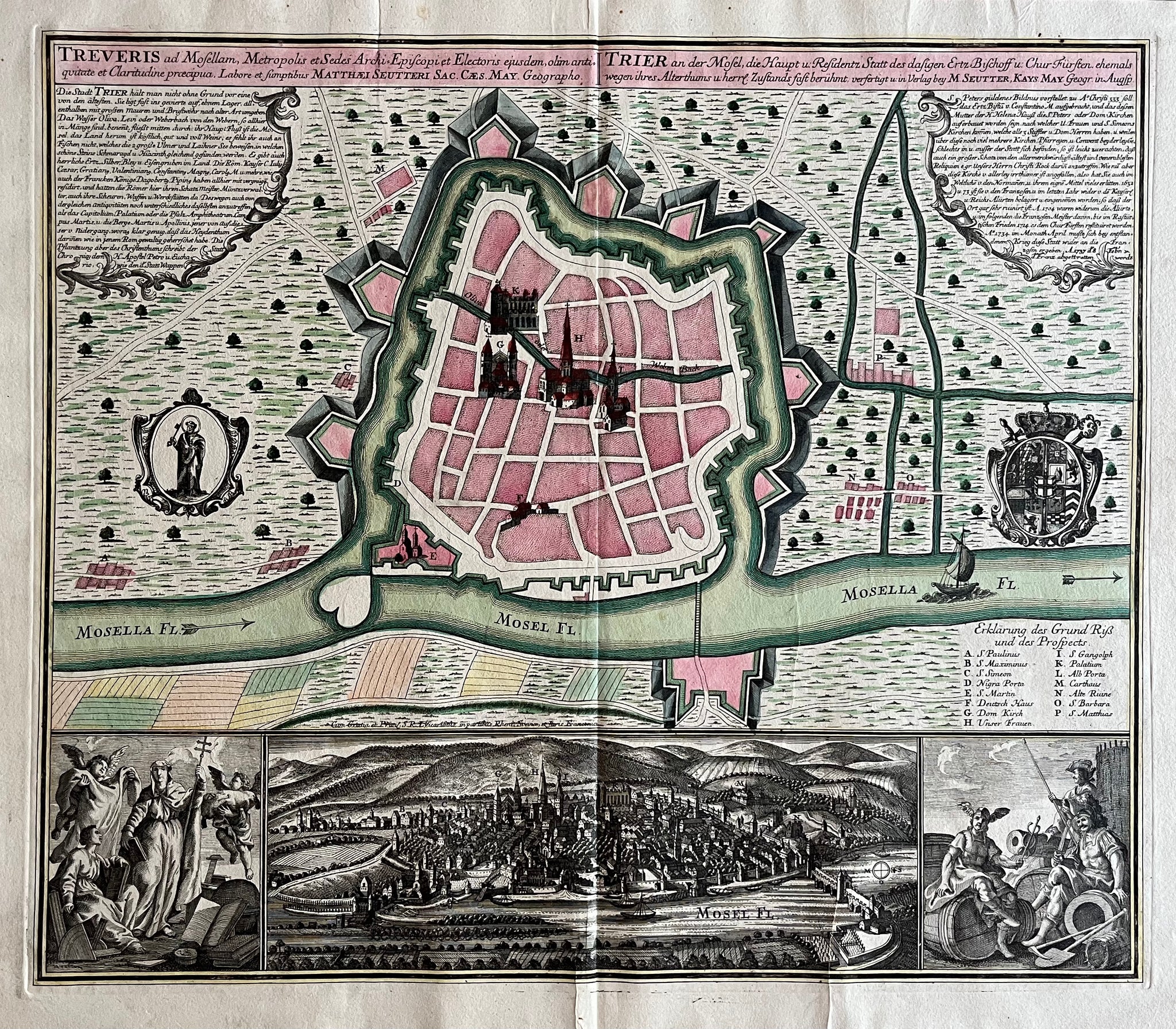 TRIER - RHEINLANF-PFALZ  "Trier an der Mosel, die Haupt u. Residentz Statt des dasigen Ertz- Bischoff u. Chur Fürsten. ehemals wegen ihres Alterthums u. herrl. Zustands fast berühmt, verfertigt u. In Verlag bey M. Seutter"  Copper etching. Original hand color.  Publisher: Matthaeus Seutter (1678-1757)  Augsburg, ca. 1740  Original antique print   For a 30% discount enter MAPS30 at chekout  Plan of the old and venerable City of Trier, Below plan: 