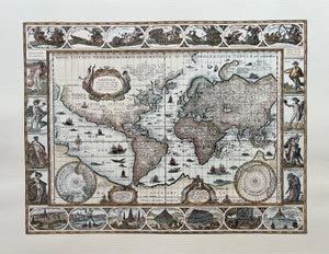 Reproduction! Hand-coloured, highest quality  Title: "Nova totius Terrarum Orbis Nova totius terrarum orbis geographica ac hydrographica tabula"  2 Insets: Pole maps  The seven wonders of the world  The 4 seasons  and many more...   Highly decorative map!  The original is by Willem and Johannes Blaeu, Amsterdam 1642