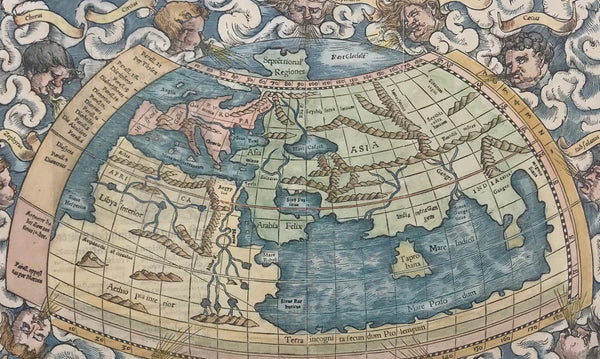 "Ptolemäisch general Tafel begreiffend die halbe kugel der weldt"  Hand-colored woodcut  Published in "Cosmographia" by Sebastian Muenster (1488-1552)  German edition  Basel, 1553  Muenster based this rendering of "half the globe of the earth" on Ptolemy's rendering. Ptolemy accounted for the knowledge of the geography of the earth of the second century A.D. Muenster