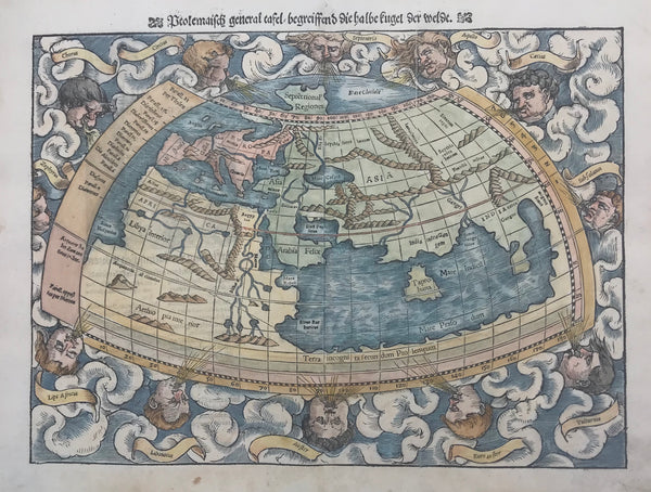 "Ptolemäisch general Tafel begreiffend die halbe kugel der weldt"  Hand-colored woodcut  Published in "Cosmographia" by Sebastian Muenster (1488-1552)  German edition  Basel, 1553  Muenster based this rendering of "half the globe of the earth" on Ptolemy's rendering. Ptolemy accounted for the knowledge of the geography of the earth of the second century A.D. Muenster
