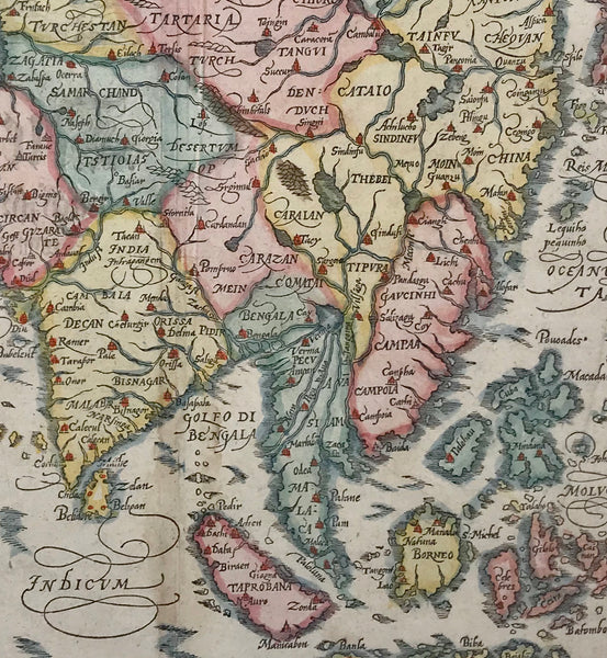 On the left is part of the Mediterranean Sea and the Red Sea. In the upper right is Japan. In the lower right is Molucca, part of New Guinea, and Timor. Near the lower center is Sri Lanka.   This is the second map of Asia by Sebastian Muenster (1488 - 1552). It is a woodcut map published in 1588. Older hand coloring.  Nicely colored woodcut map of Asia. Crease in right part of map from Japan to Molucca. 