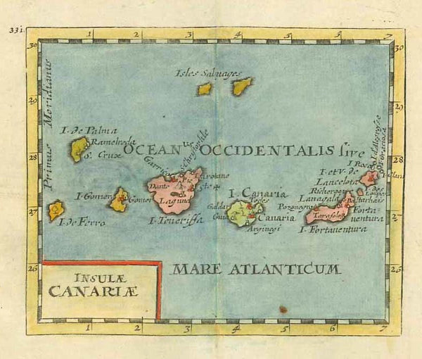 "Isulae Canariae"  Copper engraving map by Pierre Duval, 1690.  Early map of the Islas Canarias. Tenerife, Fuerteventura, Gran Canaria, Lanzarote, La Palma, La Gomera, El Hierro, La Graciosa At the top are the Isles Saluages (Savages) which are administered by Madieira/Portugal.  Original antique print  interior design, wall decoration, ideas, idea, gift ideas, present, vintage, charming, special, decoration, home interior, living room design