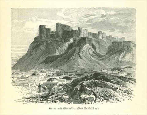 "Herat mit Citadelle"  Wood engraving on a page of text about Herat that continues on reverse side. Published 1895.