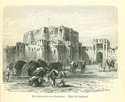 "Die Citadelle von Kandahar"  Wood engraving on a page of text that continues on the reverse side. Published 1895.  10 x 13 cm ( 3.9 x 5.1 ")