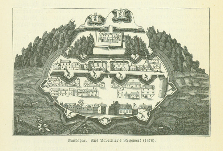 "Kandahar (Nach Tavernier's Reisewert (1678)"  Wood engraving published 1885 after an earlier image by Tavernier.  This wood engraving is on a page of text  (in German) about Persia and Afghanistan that continues on the reverse side.