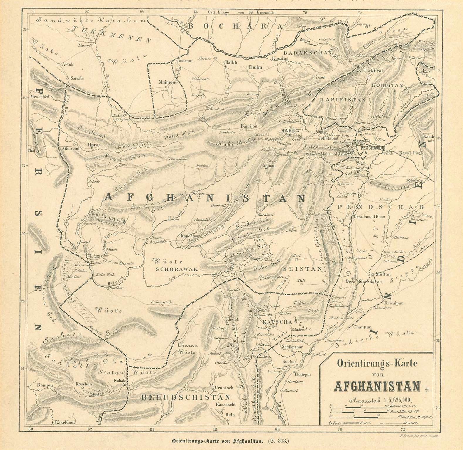 "Orientirungs-Karte von Afghanistan"  Map shows the borders of Afghanistan with the neighbouring countries and tribal regions of the time. Detailed topographical information.  Wood engraving published 1879  Original antique print   For a 30% discount enter MAPS30 at chekout