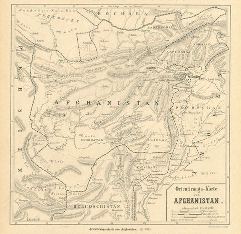"Orientirungs-Karte von Afghanistan"  Map shows the borders of Afghanistan with the neighbouring countries and tribal regions of the time. Detailed topographical information.  Wood engraving published 1879  Original antique print   For a 30% discount enter MAPS30 at chekout