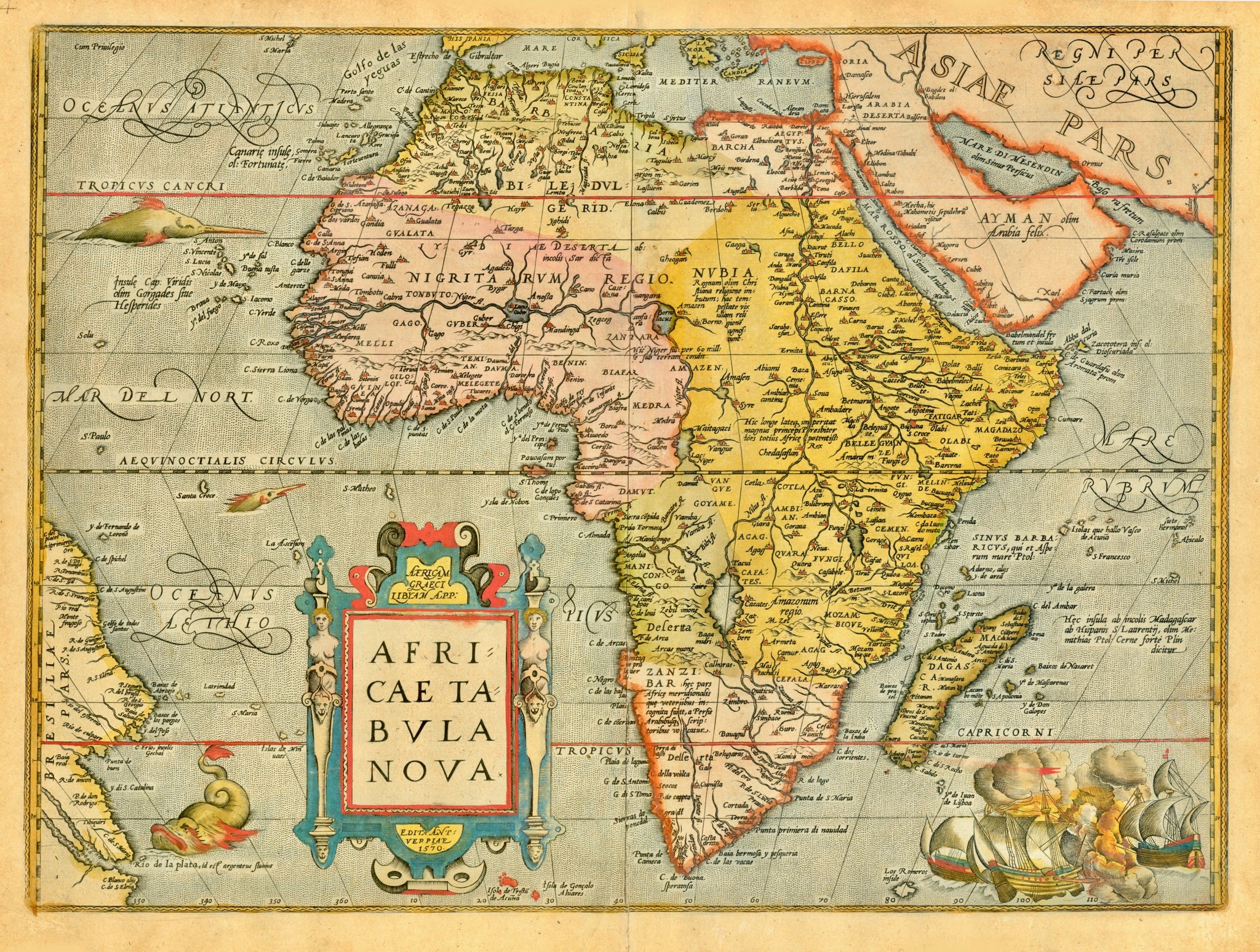 "Africae Tabula Nova edita Antwerpiae 1570" Copper etching from "Theatrum Orbis Terrarum" by Abraham Ortelius. Very fine original hand coloring. Text on reverse side: Latin. Original hand coloring.  One of the first maps of all of Africa with great detail for such an early age. In the lower left isthe northeast coast of Brazil.  General age toning. Margins have some traces of age and use. Some small areals of thin paper along centerfold (only seen when held agains light) In general very nice condition of th