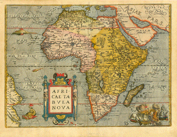 "Africae Tabula Nova edita Antwerpiae 1570" Copper etching from "Theatrum Orbis Terrarum" by Abraham Ortelius. Very fine original hand coloring. Text on reverse side: Latin. Original hand coloring.  One of the first maps of all of Africa with great detail for such an early age. In the lower left isthe northeast coast of Brazil.
