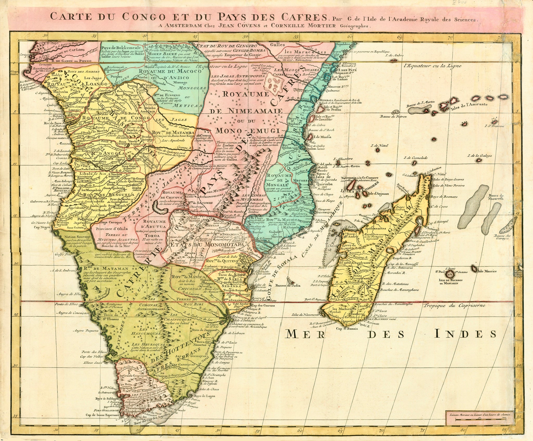 "Carte du Congo et du Pays des Cafres" Copper etching by Jean Covens and Corneille Mortier. Amsterdam, ca. 1700/10. Bright original hand coloring.  Map shows in great detail (of the time) Africa from the equator to the Cape of Good Hope. It also shows in detail the Island of Madagascar and the various island groups in the Indian Ocean, including Reunion and Maurice.