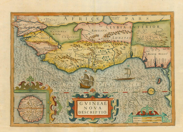 "Guineae Nova Descriptio" Copper etching from the H. Hondius/ Mercator atlas. Original hand coloring. Reverse side has Latin text. Amsterdam, 1606. The text is about St. thomas Island and Guinea.  Map shows in terms of nowaday's political facts - from left along the Atlantic coast: Senegal, Guinea-Bissau, Guinea, Sierra Leone, Liberia, Ivory Coast, Ghana, Togo, Benin, Nigeria and a bit of the coastline of Cameroon, Equatorial Guinea and Gabon to the Cape de Lopo Goncalves. Inland: Parts of Mali, Burkina Fas