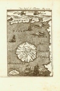 "St. Thomas"  Copper etching published in "Description de L'Univers".   Paris, 1683  St. Thomas or Sao Tome, is, together with a few other islands an Island country in the Gulf of Guinea (West Africa). Discovered by Portuguese explorers in 1471 it became a Portuguese colony. Independence happened in 1975.