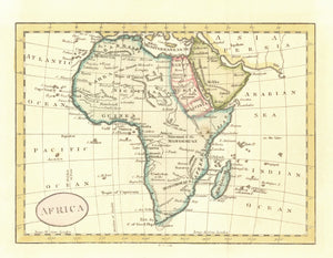 "Africa"  Copper engraving map by Barton (?) ca 1805. Rare!  Published by Long in London. Attractive hand coloring.