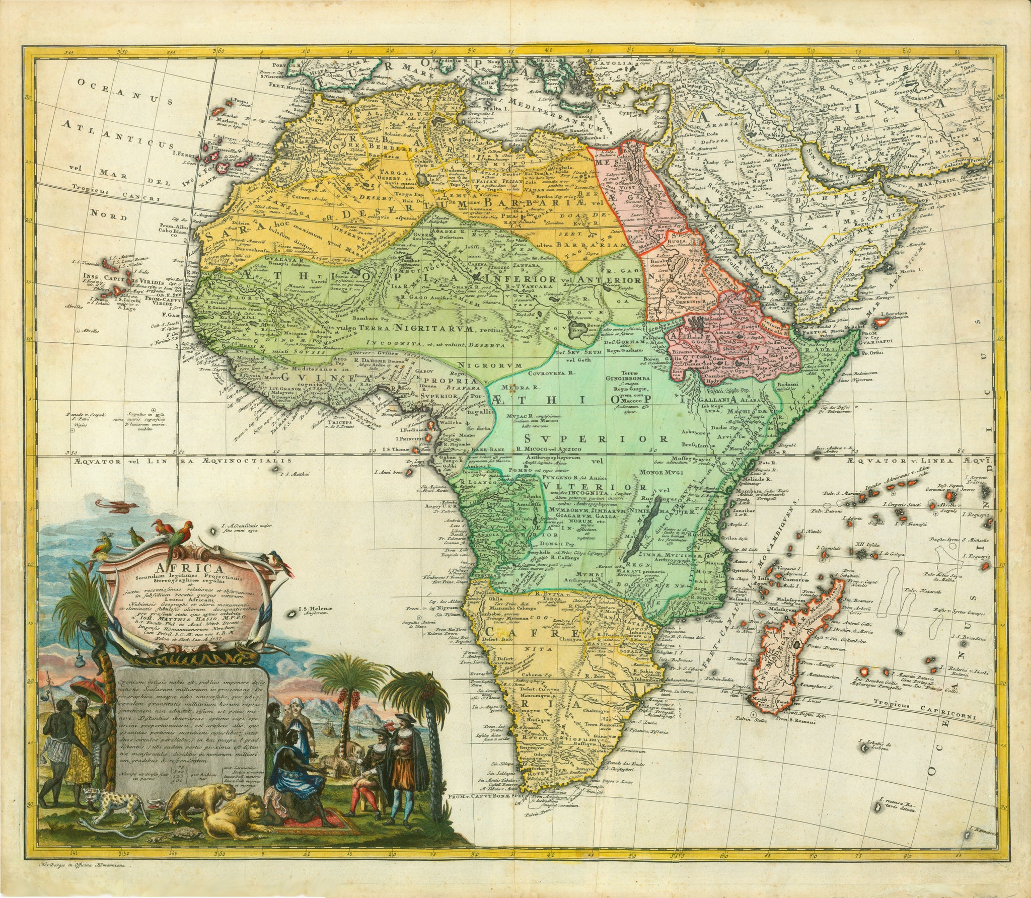 "Africa secundum legitimas Projectionis Stereograpficae....."  Fine copper engraving map with very exquisite original hand coloring.  The map is by Johann Matthias Hasius at Homann Heirs in Nuremberg ca 1740.  The cartouche is a real eye catcher showing splendid images of African peoples, animals and explorers.