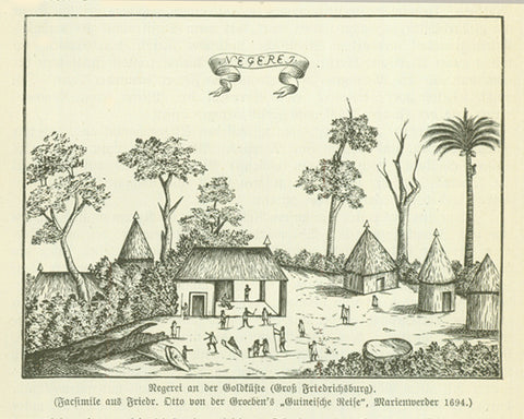 "Negerei an der Goldkueste (Gross Friedrichsburg)"  Original antique print   This was printed 1885. The image is on a page of text that continues on the reverse side about exploration and Gross Friedrichsburg.