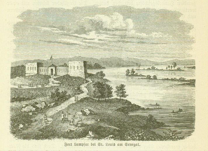 "Fort Lampsar bei St. Louis am Senegal"  Wood engraving published 1885. The image is on a page of text about exploration and slave trade. 
