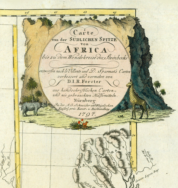 "Carte von der Suedlichen Spitze von Africa bis zu dem Wendekreise des Steinbocks"  Map of the southernmost part of Africa, to the Tropic of Capricorn.  Hand-coloured copper etching after the map drawings of Francois Levaillant (1753-1824) and D. Sparmann.  Editor: D.I.R. Forster  Publisher: Schneider and Weigel  Nuremberg, dated 1797  Map shows quite detailed South African coastline and back country along the coastline from Tropic of Capricorn (West of Africa) to Tropic of Capricorn (East of Africa)  There