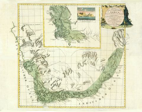 "Carte von der Suedlichen Spitze von Africa bis zu dem Wendekreise des Steinbocks"  Map of the southernmost part of Africa, to the Tropic of Capricorn.  Hand-coloured copper etching after the map drawings of Francois Levaillant (1753-1824) and D. Sparmann.  Editor: D.I.R. Forster  Publisher: Schneider and Weigel  Nuremberg, dated 1797  Map shows quite detailed South African coastline and back country along the coastline from Tropic of Capricorn (West of Africa) to Tropic of Capricorn (East of Africa)  There