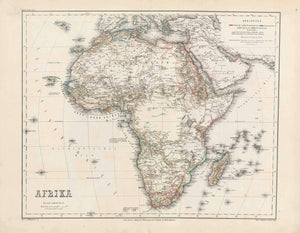 "Afrika"  Steel engraving map by O. Haubold and Terrain v. Kunze after L. Ravenstein in 1865. Original outline coloring.  In the upper right are listed the various European possessions in Africa with a color key. interior design, wall decoration, ideas, idea, gift ideas, present, vintage, charming, special, decoration, home interior, living room design