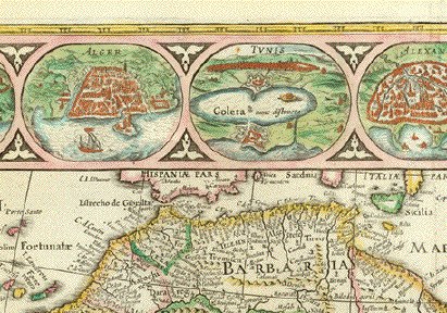 "Africa nova descriptio Auc. Guiljelmo  Blaeuw"  Delicately hand-colored copper etching  By Willem Blaeu (1571-1638)  Published by Johan Blaeu  Amsterdam, 1647  Highly decorative map of Africa.  Beautiful border decoration. Top from left to right city views in the shape of medallons: Tanger, Ceuta, Algiers, Tunis, Alexandria, Alcair (Kairo), Mozambique, S.Georgius de la MIna (Elmina, Ghana, formerly Gold Coast), Canaria.