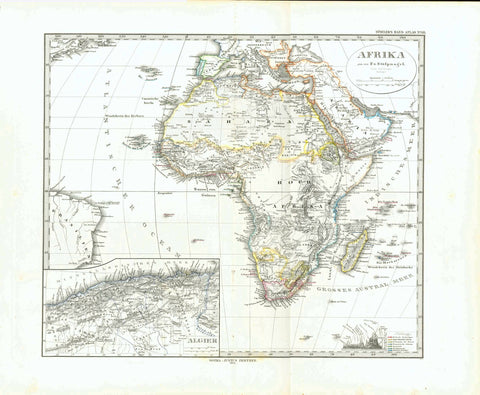 "Afrika gezeichnet von F. von Stuelpnagel"  Steel engraving after F. von Sturlpnagel for Stieler dated 1874. Original hand outline colorin.  In the lower left is a detailed inset of part of Algeria. In the lower right is a color chart identifying the colonial parts of Africa under European rule at the time. to the left of this little chart is an altitude chart of African mountains - also of the Pik von Teneriffa. In the upper left is a small piece of Canada.  Original antique print 