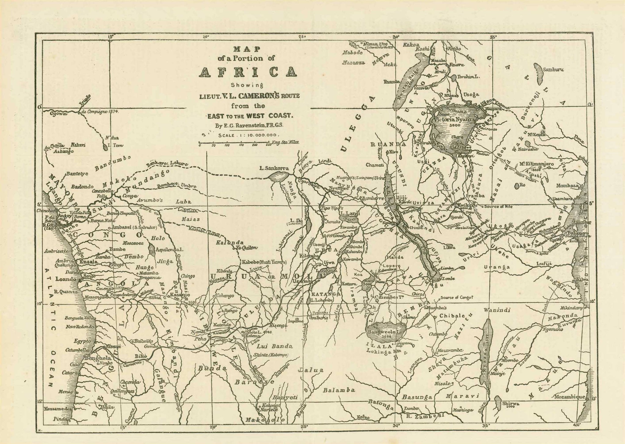 "Map of a Portion of Africa showing Lieut. V. L. Cameron's Route from the East to the West Coast"  Wood engraving by E. G. Ravenstein dated 1876.  For a 30% discount enter MAPS30 at chekout  Original antique print  , interior design, wall decoration, ideas, idea, gift ideas, present, vintage, charming, special, decoration, home interior, living room design