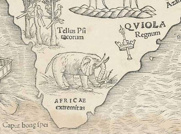 "Africa / Libya / Vorland / mit allen künigreichen so zu unsern zeiten darin gefunden werden"  Woodcut. Published in "Cosmographia" by Sebastian Muenster (1488-1552) German edition.   Basel, 1553  For a 30% discount enter MAPS30 at chekout  A fascinating early map of Africa, the charm of which is the geographical fumbling for facts. This map belongs to the treasure maps of the African continent.