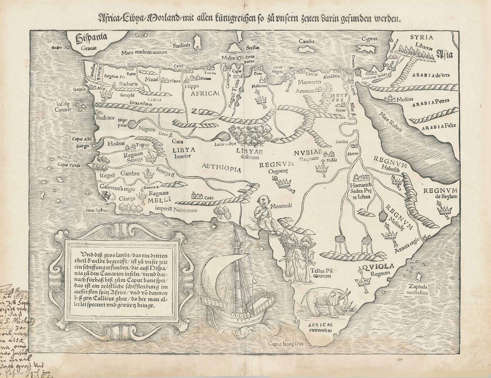 "Africa / Libya / Vorland / mit allen künigreichen so zu unsern zeiten darin gefunden werden"  Woodcut. Published in "Cosmographia" by Sebastian Muenster (1488-1552) German edition.   Basel, 1553  For a 30% discount enter MAPS30 at chekout  A fascinating early map of Africa, the charm of which is the geographical fumbling for facts. This map belongs to the treasure maps of the African continent.
