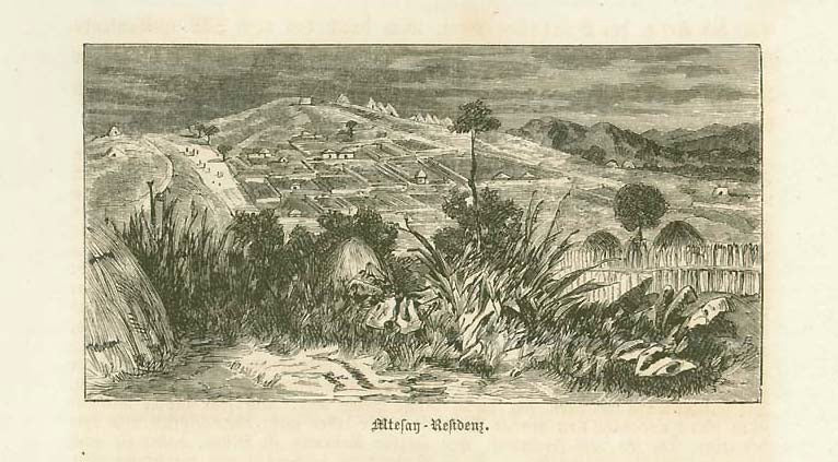 City Views, Africa, Buganda, King Mutesa, Mtesay,    "Mtesay- Residenz" (residence of King Mutesa in Buganda)  Wood engraving on a page of text about this region in Africa. Text continues on reverse side. Publshed 1877.