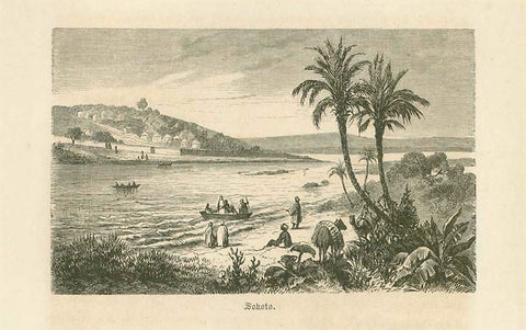 "Sokoto"  Wood engraving on a page of text about this region in Africa. Text continues on reverse side with an image of the Niger River near Say. Publshed 1877.  Original antique print  